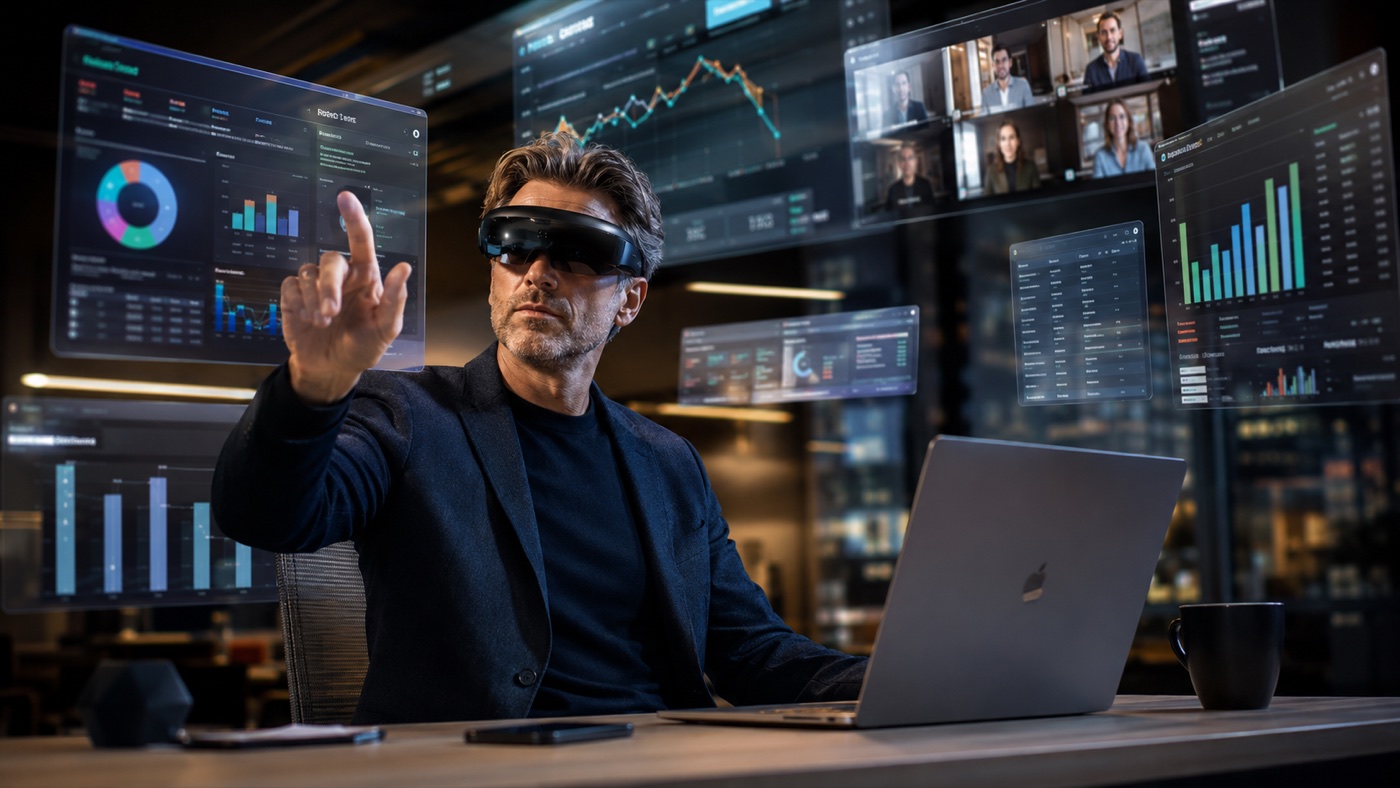 Professional using a wearable display with multiple virtual screens around a laptop