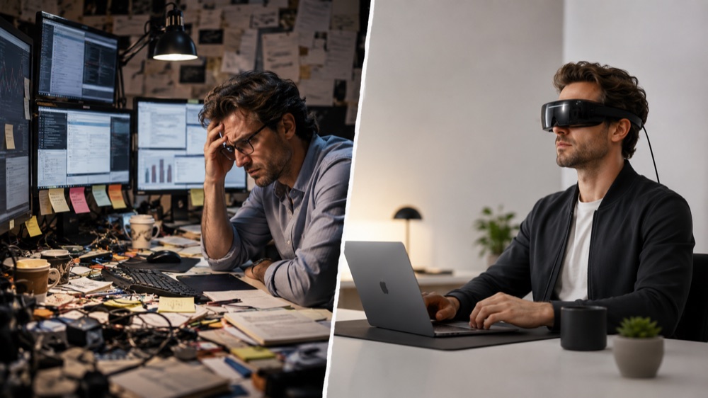 A comparison of a crowded desk and a cleaner virtual-screen workspace